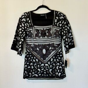 Dolce Cabo Black and White Floral Lace Blouse Top- Size Small